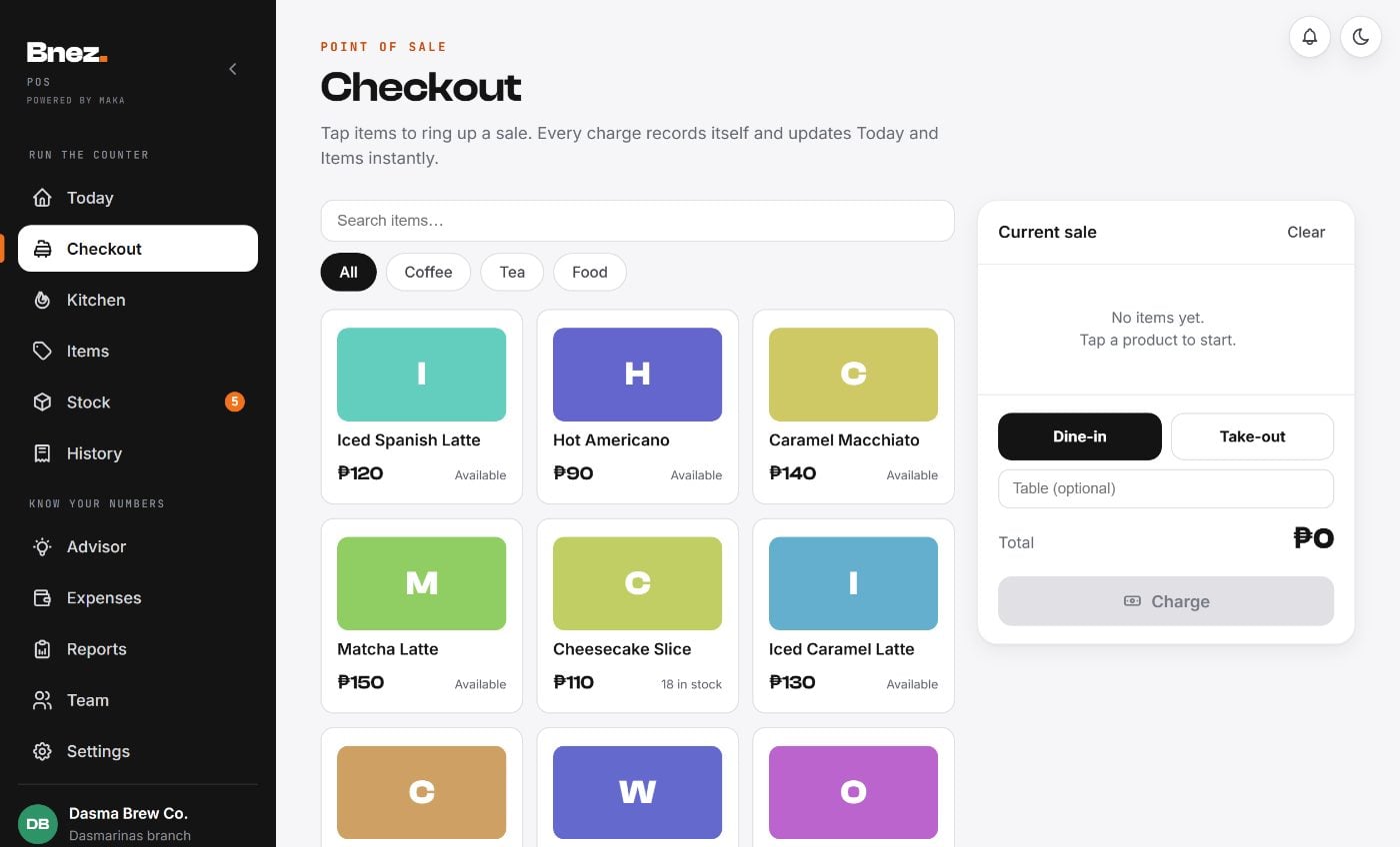 The Bnez checkout screen: a grid of drinks and food with prices, a running sale on the right, and a Charge button.